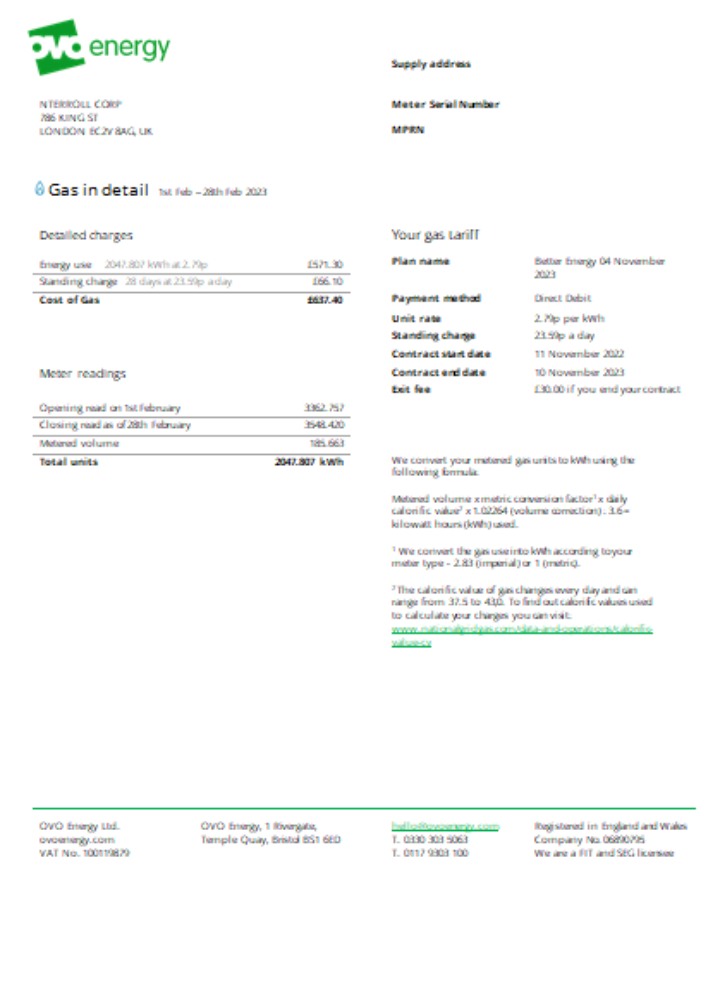 Ovo Energy utility business bill, SCR PSD template